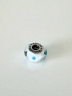 PANDORA White with Teal Polka Dots Murano Glass Charm